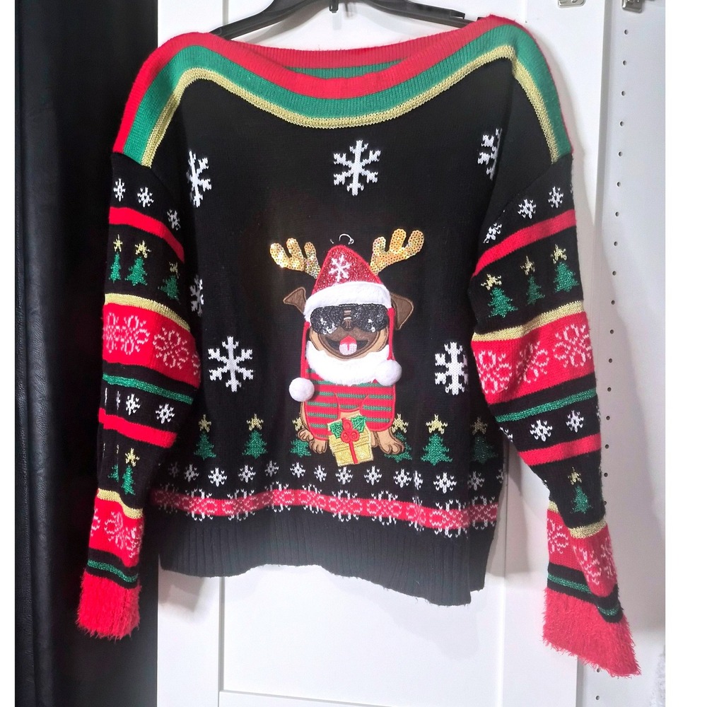 99‎ Jane Street Ugly Christmas Sweater Pug Reindeer Holiday Knit Black M